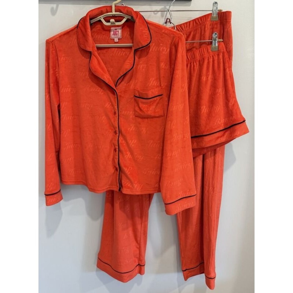 Juicy Couture 3 Pc Velour Lounge Pajama Set Shorts Pants Button Up Long Sleeve L